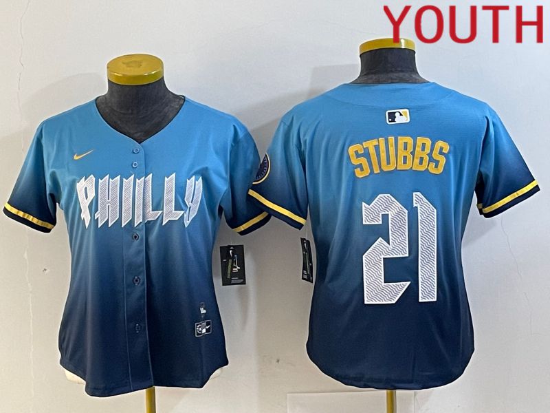 Youth Philadelphia Phillies #21 Stubbs Blue City Edition 2024 Nike MLB Jersey style 1->youth mlb jersey->Youth Jersey